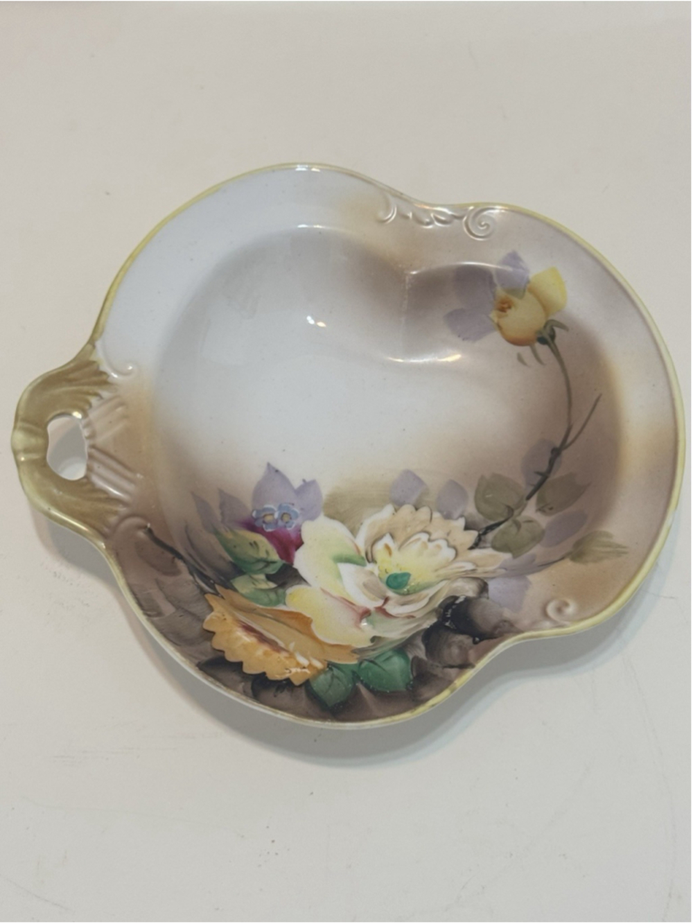 Nortake Bowl Hand Painted Pear shaped in Floral yellow peach peony's roses japan